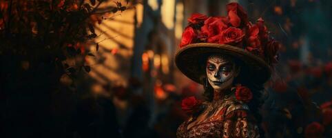 un elegante y elegante representación de el icónico dia Delaware los muertos personaje, la catrina, con elaborar ropa, un floral tocado, y un listo comportamiento. generativo ai foto