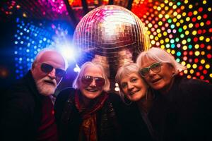 A group of elder friends posing in front of a giant disco ball, reflecting colorful lights and creating an unforgettable scene. Generative Ai photo