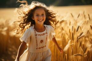 Young happy girl running and jumping carefree with open arms over wheat field. Generative Ai photo