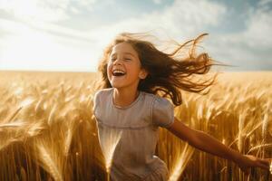 Young happy girl running and jumping carefree with open arms over wheat field. Generative Ai photo