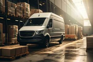 A delivery van parked in front of a logistics warehouse, ready to distribute packages to customers, representing the last. Generative Ai photo
