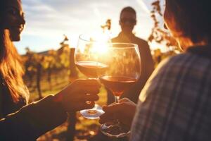 A sun drenched vineyard, a diverse group of individuals gathers to enjoy a leisurely afternoon of wine tasting. Man and woman toasting, clutching elegant wine glasses. Generative Ai photo