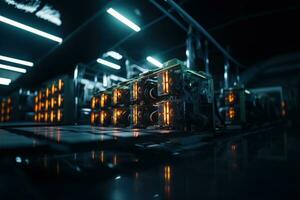 A crypto mining farm with rows of computer equipment, highlighting the energy and technology behind cryptocurrency mining. Generative Ai photo