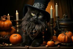 A playful yet stylish image of a black cat donning a Halloween costume, showcasing the spirit of fun and dress-up during the holiday. Generative AI photo