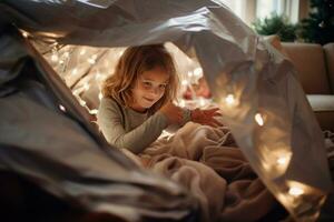 A children building a cozy blanket fort in the living room, complete with pillows and fairy lights, providing a space for imaginative play. Generative Ai photo
