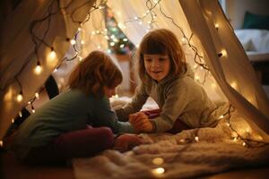 A children building a cozy blanket fort in the living room, complete with pillows and fairy lights, providing a space for imaginative play. Generative Ai photo