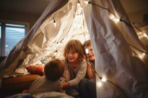 A children building a cozy blanket fort in the living room, complete with pillows and fairy lights, providing a space for imaginative play. Generative Ai photo