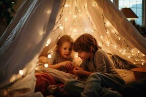 A children building a cozy blanket fort in the living room, complete with pillows and fairy lights, providing a space for imaginative play. Generative Ai photo