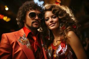 un Pareja vestido en 1970 disco moda, sorprendentes un disco danza actitud en contra un reluciente fondo, capturar el espíritu de disco fiebre en 1978. generativo ai foto