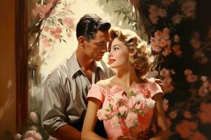 A vintage style illustration, a portrait of a couple deeply in love, surrounded by blooming flowers and soft sunlight. The couple is dressed in elegant attire from the 1950s. Generative Ai photo