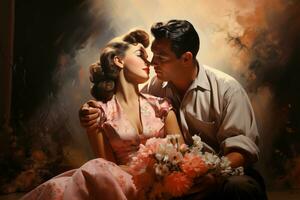 A vintage style illustration, a portrait of a couple deeply in love, surrounded by blooming flowers and soft sunlight. The couple is dressed in elegant attire from the 1950s. Generative Ai photo