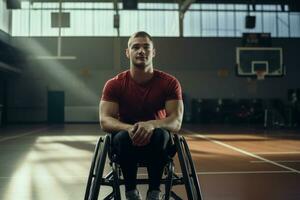 discapacitado atleta moverse más allá silla de ruedas baloncesto. generativo ai foto