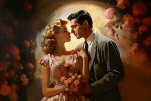 A vintage style illustration, a portrait of a couple deeply in love, surrounded by blooming flowers and soft sunlight. The couple is dressed in elegant attire from the 1950s. Generative Ai photo