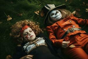 Top view of spooky children in Halloween costumes lying on grass in autumn. Generative AI photo