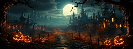 Digital painting featuring a moonlit pumpkin patch, with a single menacing jack-o'-lantern casting an eerie glow among the other pumpkins. Generative AI photo