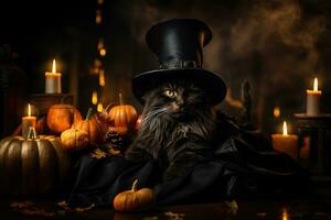 A close-up photograph of a black cat resting near a pointed witch's hat, conveying the symbolism of the Halloween season. Generative Ai photo