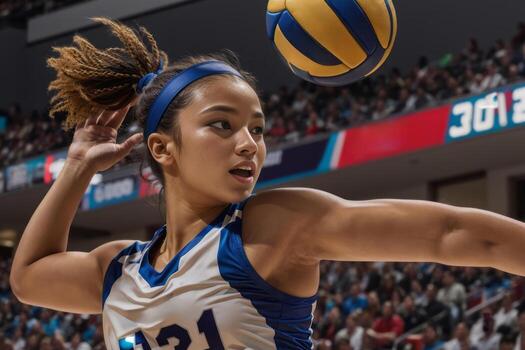Volleyball player executing a powerful spike during a match, capturing the excitement of the game. Generative Ai photo