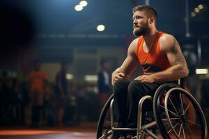 discapacitado atleta moverse más allá silla de ruedas baloncesto. generativo ai foto