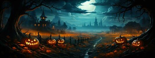 Digital painting featuring a moonlit pumpkin patch, with a single menacing jack-o'-lantern casting an eerie glow among the other pumpkins. Generative AI photo