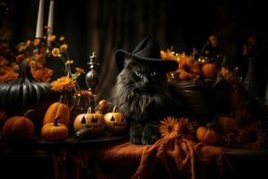 A close-up photograph of a black cat resting near a pointed witch's hat, conveying the symbolism of the Halloween season. Generative Ai photo