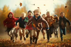A group of kids having fun while jumping during autumn sunny day. Generative AI photo