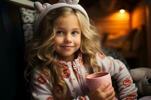 Little girl in her pajamas, drinking a cup of warm milk before bedtime. Generative Ai photo