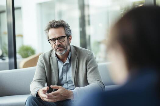 A psychologist in deep conversation with a patient, demonstrating active listening and empathy. Generative Ai photo