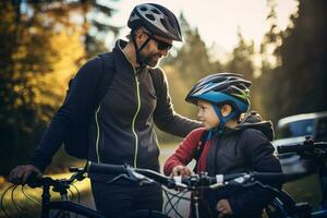 A family gearing up for a bike ride, with everyone wearing properly fitted helmets to showcase the importance of bicycle safety. Generative AI photo