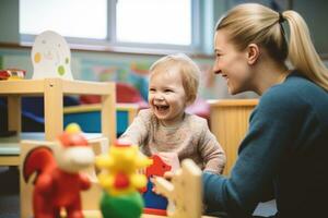 un niño psicólogo utilizando juguetes y Arte terapia a conectar con un joven paciente en un nutriendo y niño amigable ambiente. generativo ai foto