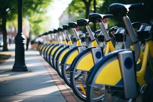 A bicycle sharing station in an urban setting with a row of clean, well-maintained bikes available for rent. Promoting sustainable, to reduce carbon emissions and improve air quality. Generative Ai photo