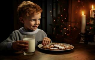 Children leaving a plate of freshly baked gingerbread cookies and a glass of milk for Santa on Christmas Eve. Generative Ai photo