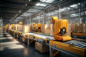 An interior view of a modern warehouse with robotic arms efficiently sorting and stacking packages, highlighting the role of automation in logistics. Generative Ai photo