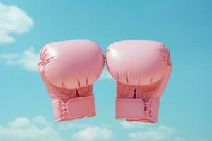 The vibrant image portrays a pair of pink boxing gloves suspended against a vivid blue sky. Symbols of strength, determination, and discipline for combat breast cancer. Generative Ai photo