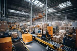 An interior view of a modern warehouse with robotic arms efficiently sorting and stacking packages, highlighting the role of automation in logistics. Generative Ai photo