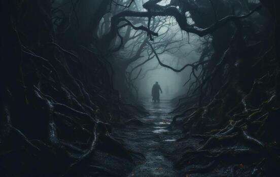 Illustration of a misty forest path with gnarled trees and glowing eyes peering from the darkness, evoking a spine - chilling journey into the unknown.Generative Ai photo