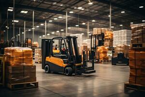 Forklifts in waiting for action, transporting goods within a warehouse facility, showcasing the efficiency of logistics operations. Generative Ai photo