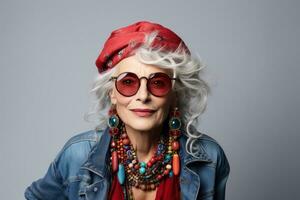 un mayor hipster mujer, aproximadamente 70 años viejo, con su de moda de gran tamaño redondo anteojos, y un colección de Clásico broches adornando su mezclilla chaqueta. generativo ai foto