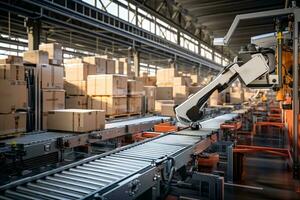 An interior view of a modern warehouse with robotic arms efficiently sorting and stacking packages, highlighting the role of automation in logistics. Generative Ai photo
