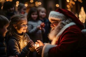 Santa Claus engaging with children at a bustling Christmas market. Santa listens attentively to a child's wishes while others eagerly wait in line to meet him. Generative Ai photo