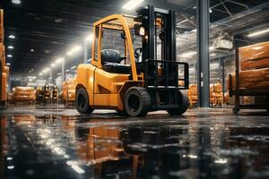 Forklifts in waiting for action, transporting goods within a warehouse facility, showcasing the efficiency of logistics operations. Generative Ai photo