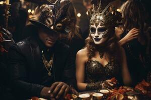 A lavish Halloween masquerade ball with guests wearing elaborate costumes and masks, showcasing the glamour and mystery of Halloween celebrations. Generative Ai photo