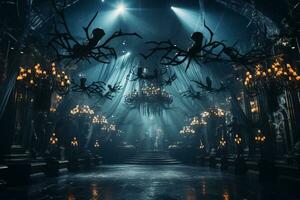 A grand ballroom adorned with cobwebs and chandeliers, where elegantly dressed guests in masks dance the night away at a masquerade-themed Halloween party. Generative Ai photo