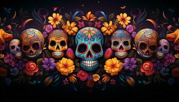 A colorful and vibrant banner celebrating Dia de los Muertos Day of the Dead with sugar skulls, marigold flowers, and intricate face paint designs. Generative AI photo