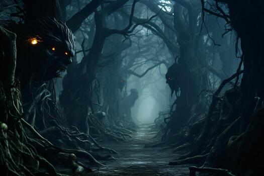 Illustration of a misty forest path with gnarled trees and glowing eyes peering from the darkness, evoking a spine - chilling journey into the unknown.Generative Ai photo