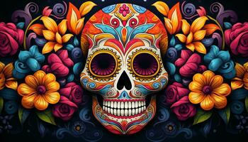 A colorful and vibrant banner celebrating Dia de los Muertos Day of the Dead with sugar skulls, marigold flowers, and intricate face paint designs. Generative AI photo