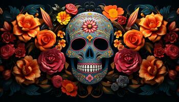 A colorful and vibrant banner celebrating Dia de los Muertos Day of the Dead with sugar skulls, marigold flowers, and intricate face paint designs. Generative AI photo