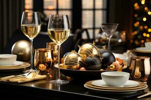 A black and gold-themed brunch table with minimalistic tableware, champagne flutes, and holiday treats, perfect for a sophisticated holiday gathering. Generative Ai photo