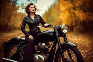 Woman in a black leather dress, posed in a '50 style with a vintage motorcycle. Generative AI photo