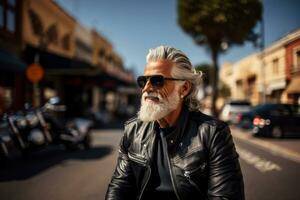 A senior hipster, aged around 72, wearing a vintage leather motorcycle jacket and aviator sunglasses, straddling a retro motorcycle in an urban environment. Generative Ai photo