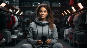 Fitness enthusiast in workout attire, engaged in various exercises, set in a well-equipped gym, offering a dynamic template for fitness-related promotions and content photo